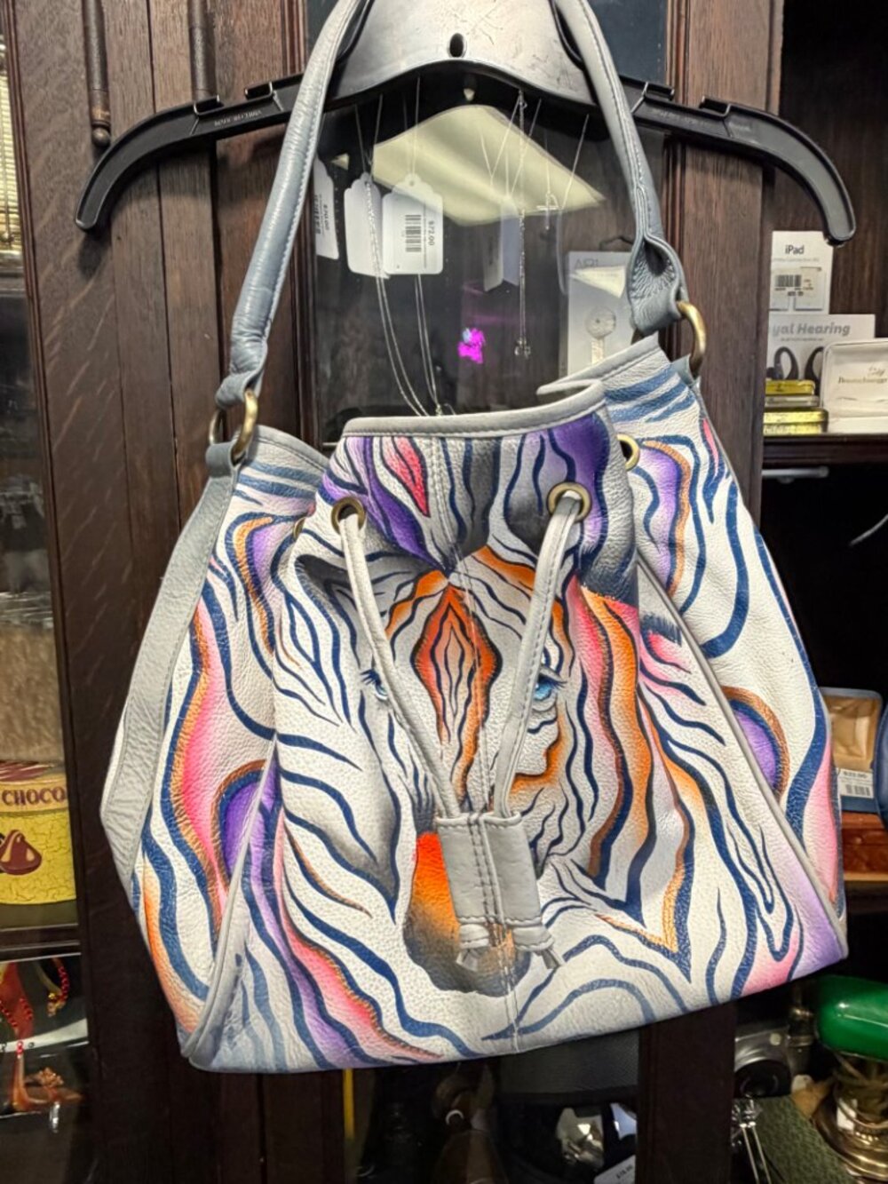Anuschka Hand Painted Zebra Leather Bucket Bag Drawstring Shoulder Purse